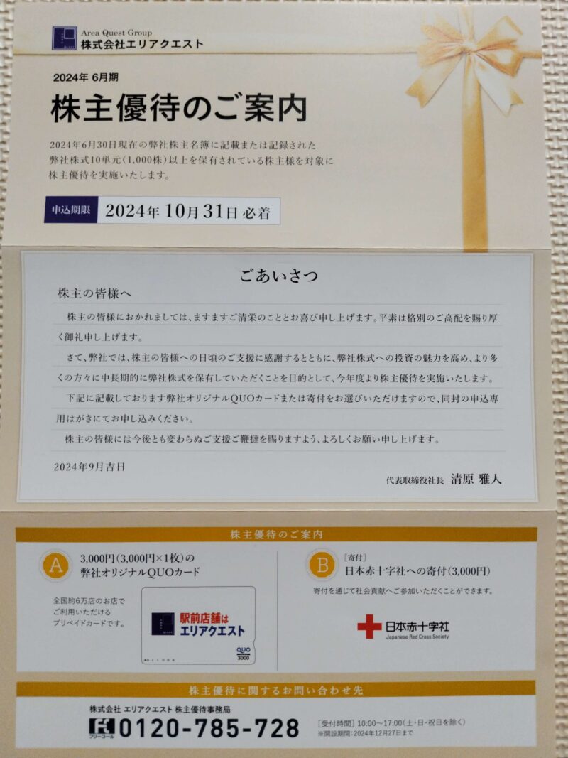 エリアクエスト(8912)株主優待案内通知
